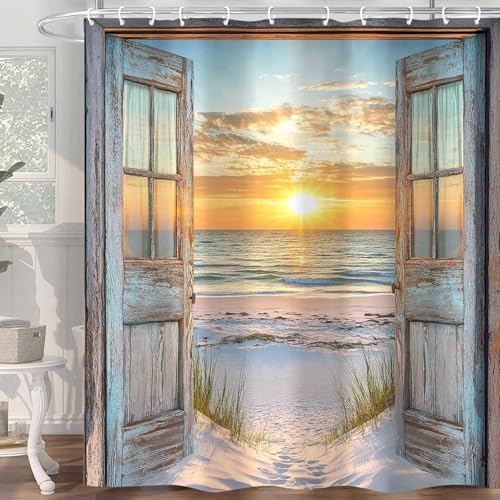 Beach Coastal Shower Curtain, Ocean Barn Door Nautical Sunrise Seaside Seascape Wave Decor Bath Curtains, Rustic Wood Teal Turquoise Bathroom Accessories Fabric Waterproof with Hooks, 36X72in