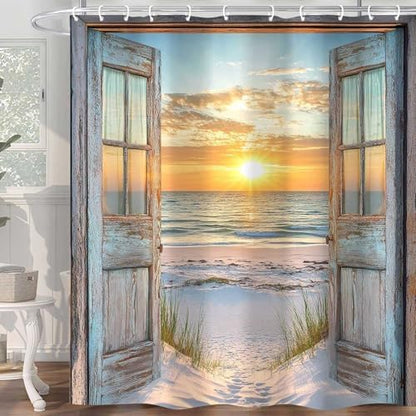 Beach Coastal Shower Curtain, Ocean Barn Door Nautical Sunrise Seaside Seascape Wave Decor Bath Curtains, Rustic Wood Teal Turquoise Bathroom Accessories Fabric Waterproof with Hooks, 36X72in