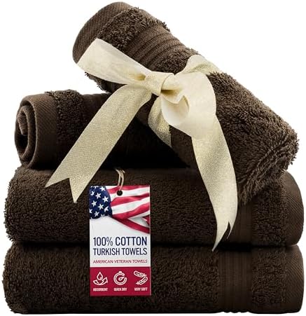 American Veteran Towel, 100% Cotton Turkish Washcloths for Bathroom Essentials 4 Pack, Soft Absorbent Wash Cloths Quick Drying Small Towels Washrags, Brown