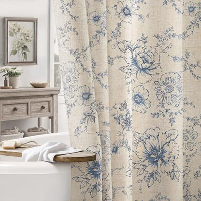 Farmhouse Floral Vintage Shower Curtain for Bathroom, Dark Blue and Tan