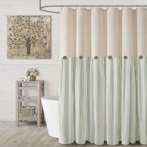 Farmhouse Shower Curtain Linen Button Green Stripe 72" W x 84" L