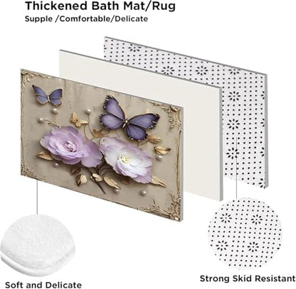 Chrainy 4pcs Vintage Butterfly Shower Cutain Set Bathroom Decor with Rugs