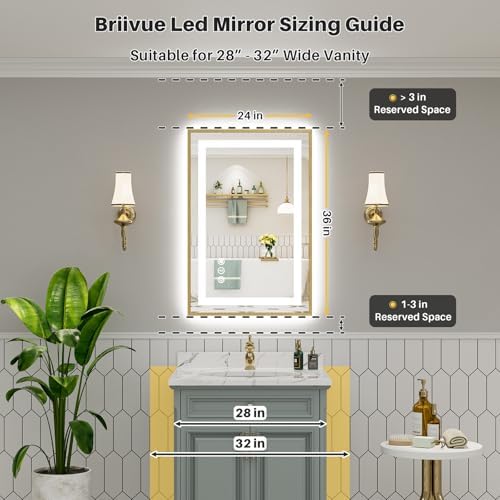 24x36 Inch LED Bathroom Mirror with Gold Frame, Backlit & Front Lit
