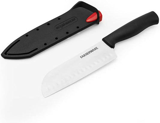 Farberware Edgekeeper 5-Inch Santoku Knife with Self-Sharpening Blade Cover, High Carbon-Stainless Steel Kitchen Knife with Ergonomic Handle, Razor-Sharp Knife, Black