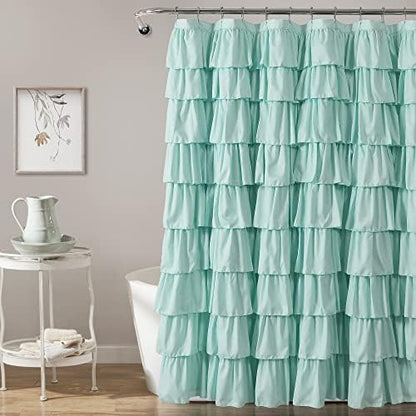 Lush Decor Ruffle Shower Curtain | Floral Textured Vintage Chic Farmhouse Style Design, Light Turquoise, 72" x 72"