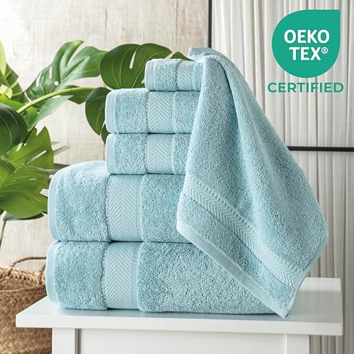 TEXTILOM 100% Turkish Cotton 6 Pcs Luxury Bath Towel Set, Soft & Absorbent Towels for Bathroom (2 Bath Towels, 2 Hand Towel, 2 Washcloths) - Aqua