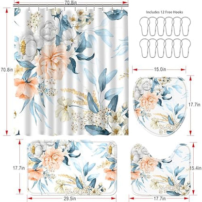 16 PCS Floral Bathroom Shower Curtain Set with Rugs 12 Metal Hooks,72 x 72"