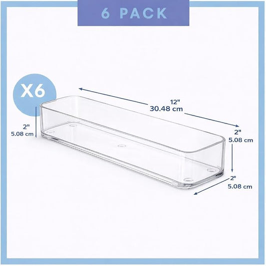 primebox Plastic Clear Acrylic Drawer Organizers. Bathroom, Kitchen, Bedroom, Utensils, Office Organizer Bins, Storage Trays. Heavy Duty, Stackable. 9" x 2" x 2" Set of 6