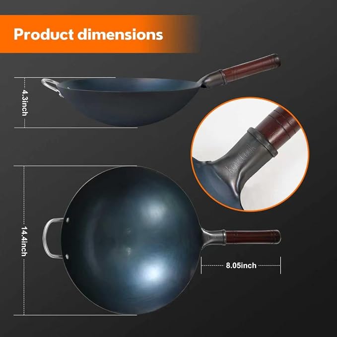 14 Inch Carbon Steel Wok with Lid, Round Bottom Wok Pan, Blue Pre-Seasoned Chinese Stir Fry Pan for Open Flame Cooking, Large Traditional Pow Wok for BBQ, Grill, Camping, Home Cooking