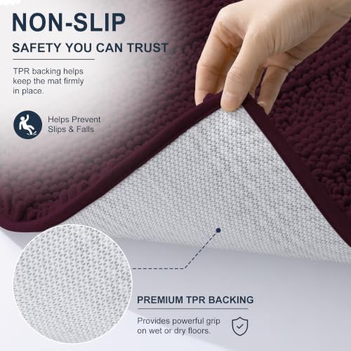 Smiry Thick Small Chenille Bathroom Rugs 24x16, Soft Bath Mat, Black Cherry