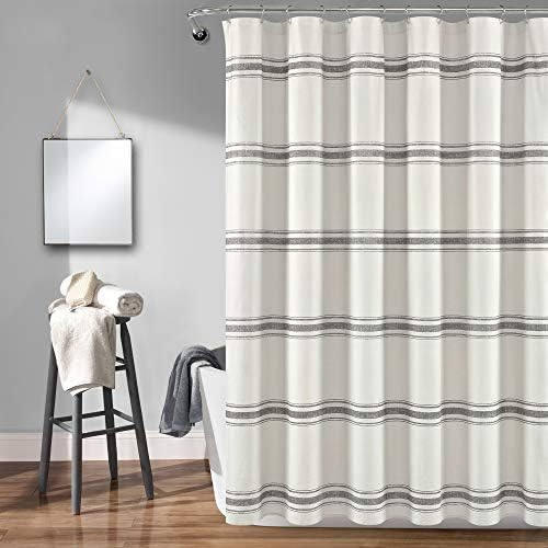 Lush Decor Farmhouse Stripe Cotton Shower Curtain, 72" W x 72" L, Gray - Striped Bathroom Curtain - Fabric Shower Curtains - Farmhouse Bathroom Decor
