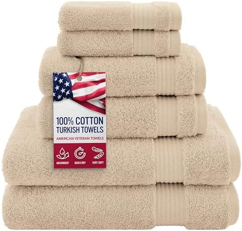 American Veteran 6 Piece Luxury Towel Set, 100% Cotton Turkish Towels - 2 Bath, 2 Hand, 2 Washcloths, Beige