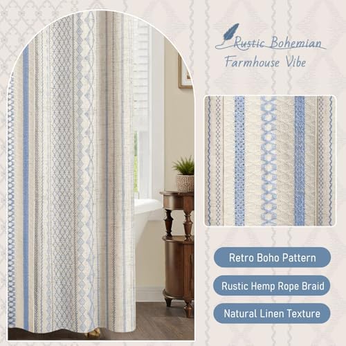 Light Blue Boho Linen Shower Curtain,72" W x 72" L
