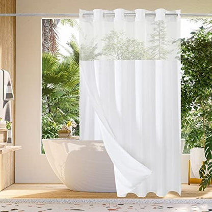 Gibelle Long Shower Curtain 72x80, Waffle Weave Bathroom Shower Curtain with Snap-in Fabric Liner Set, No Hooks Needed, Hotel Style with Mesh Top Window, White