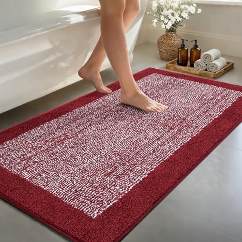 70x24 Long Bathroom Rugs Non Slip Washable, Soft Absorbent Bath Mat Red