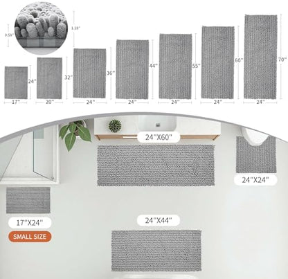 Disolla Grey Bathroom Runner Rug 24x70 Inch - Extra Long Chenille Bath Mat, Luxury Shaggy Plush Absorbent Rug, Non-Slip Large Runner for Floor and Laundry Room