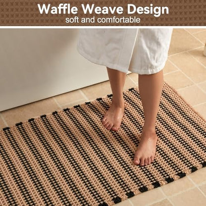 Triohero Waffle Bath Mat, Boho Bathroom Rugs Non Slip, 20x30 Khaki & Black