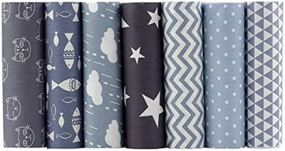 AMORNPHAN Cats Kitten Fish Star Cloud Animal Cartoon Pattern Printed 100% Cotton Quilting Fabric for Patchwork Needlework DIY Sewing Crafting Precut Face Mask 16x20 Inches (Set of 7 Pieces) 40x50 cm.