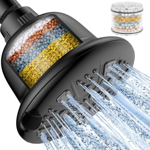 MakeFit Filtered Shower Head Matte Black- High Pressure Shower Head with filter for Hard Water - Rain Shower Head Water Softener - Luxury 7 Settings Adjustable Water Filter Showerhead (Matte Black)