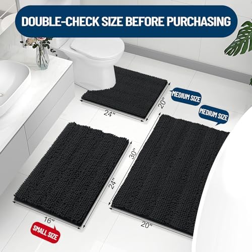 Grandaily Chenille Striped Bathroom Rugs 47x32, Extra Thick and Absorbent Bath Mats, Non-Slip Soft Plush Shaggy Shower Carpet, Machine Wash Dry, Bath Rug for Bathroom, Black