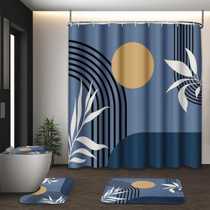 Bathroom Sets with Shower Curtain and Rugs, 4 Pcs, Boho Modern