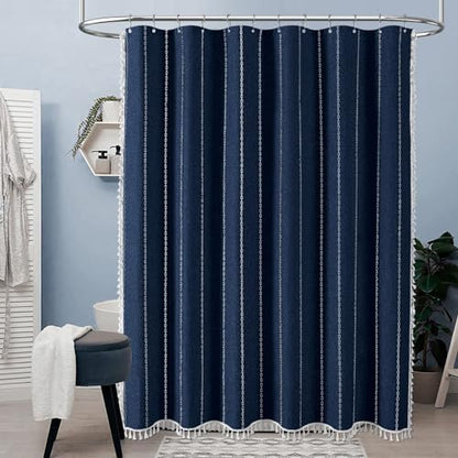 BTTN 54x78 Boho Farmhouse Linen Heavy Duty Shower Curtain Set, Navy Blue