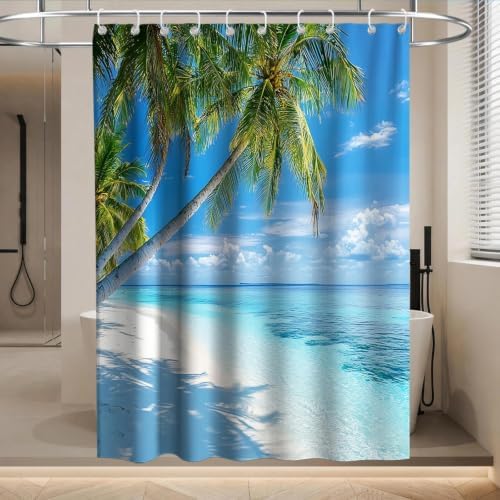 Beach Modern Ocean Shower Curtain Summer Coastal Tropical Palm Tree Trendy