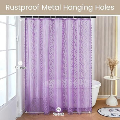 WAZZIO Purple Lace Shower Curtain for Bathroom 72" W x 84" L, Victorian Farmhouse Floral Pattern Tassel Fancy Shower Curtain Boho Washable Cloth Decorative Bath Curtains,1 Panel