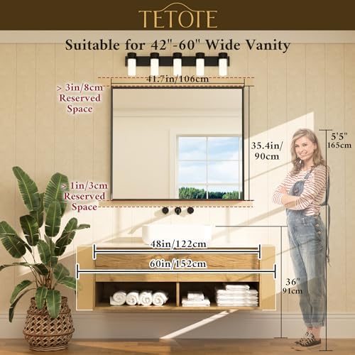 TETOTE Black Bathroom Mirror Beveled Frame 42" x 36" Black Rectangle Metal Framed Bathroom Vanity Wall Mirror for Over Sink, Tempered Glass, Modern Farmhouse Bedroom, Entryway, Living Room