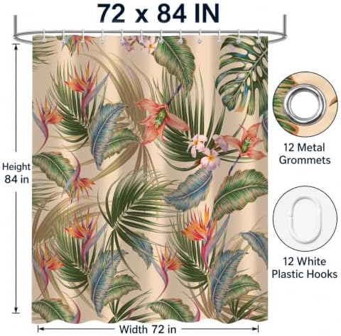 Tropical Shower Curtain, Colourful Leaves Floral Palm Leaf Hawaiian Botanical Plant Bathroom Decor, Waterproof Cloth Fabric Bath Curtain with Hooks 72 x 84 inch