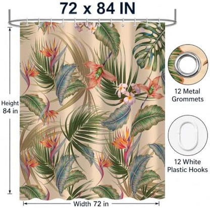 Tropical Shower Curtain, Colourful Leaves Floral Palm Leaf Hawaiian Botanical Plant Bathroom Decor, Waterproof Cloth Fabric Bath Curtain with Hooks 72 x 84 inch