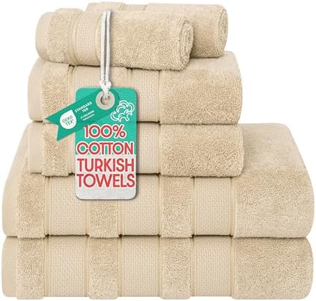 American Soft Linen Salem Turkish Bath Towel Set, 100% Cotton 600 GSM 6 Piece Towels for Bathroom, 2 Bath Towels 2 Hand Towels 2 Washcloths, Beige
