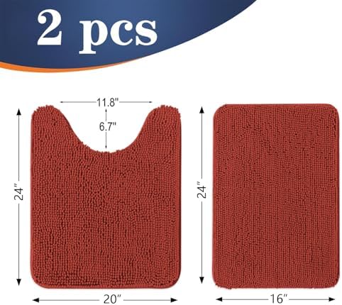 OLANLY Chenille Bath Rugs Sets 2 Piece, 24"x16"+24"x20", Rustic Terracotta