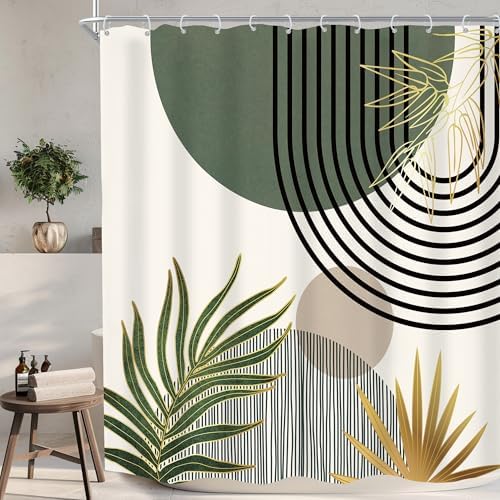 Mid Century Dark Green Boho Abstract Modern Bathroom Shower Curtain Set