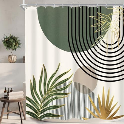 Mid Century Dark Green Boho Abstract Modern Bathroom Shower Curtain Set