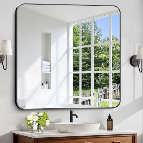 Black Bathroom Mirror, 38x40 inch Aluminum Metal Frame Rectangular Vanity Mirror, Large Wall Mounted Rectangle Mirrors with Rounded Corner for Over Sink Bedroom Living Room Horizontal/Vertical
