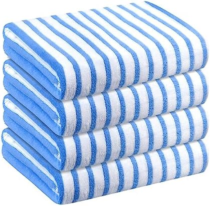 JML Microfiber Bath Towel Sets, 4 Pack, 27" x 55", Cabana Stripe Blue