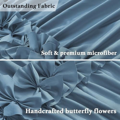 Homechoice Decor Dusty Blue Ruffle Shower Curtain, Vintage Handcrafted Bow Tie Bath Curtain for Master Bathroom, Ruched Microfiber Bathroom Curtain with 12 Buttonholes, 72" W x 72" H (LQ-10)