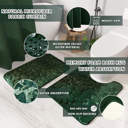 XLHOMO Bathroom Accessory Set - 25PC Green Bathroom Sets, Bathroom Set with Shower Curtain and Rugs, Dark Green Shower Curtain Set, Trash Can, Qtip Holder & Soap Dispenser