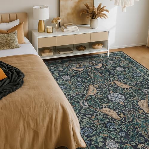 Cottagecore 5x7 Blue Rugs for Bedroom, Washable Forest Area Rug for Dining Room Under Table, Carpet for Living Room, Non Slip & Low Pile Soft Rug (Navy Blue & Deep Teal)