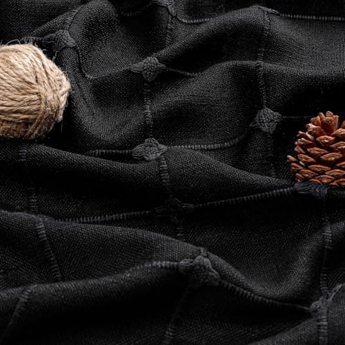 Boho Farmhouse Classic Plaid Linen Tassel Shower Curtain Black,72x78