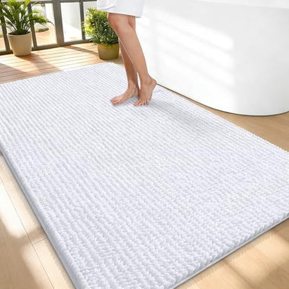 OLANLY Thick Chenille Large Bathroom Rugs 59x35, Absorbent Bath Mat, White