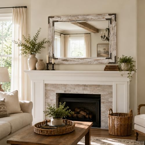 Distressed White 30x40 Inch Wood Bathroom Vanity Mirror, Rivets