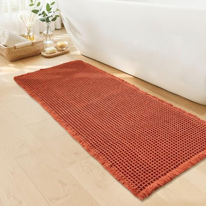 Burnt Orange Bathroom Rug, Fall Waffle Bath Mat Non Slip, 20" x 48"
