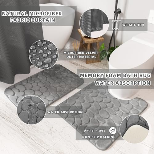 XLHOMO Bathroom Accessories Set- 25PC Grey Bathroom Set, Bathroom Set with Shower Curtain and Rugs, Shower Curtain Set, Toilet Brush, Trash Can, Qtip Holder Dispenser & Soap Dispenser