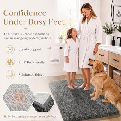 Yimobra Luxury Bathroom Rugs, Fluffy Bath Mats, Non Slip, Water Absorbent Microfiber, Machine Washable, Plush Runner Shower Rug, Thick Mat for Bathroom Floor/Tub, 60" X 24", Light Gray and Black Gray