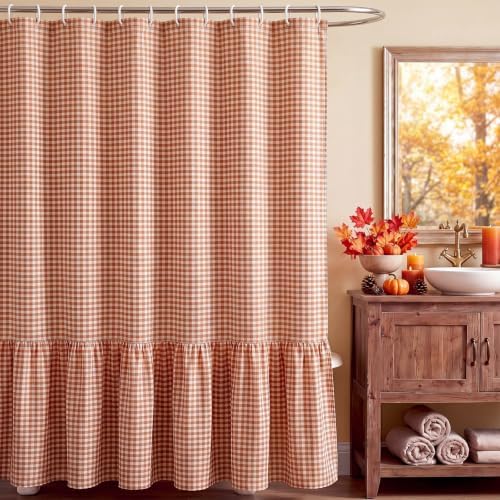 HunnmingRe Ruffle Hem Gingham Shower Curtain, Orange Farmhouse