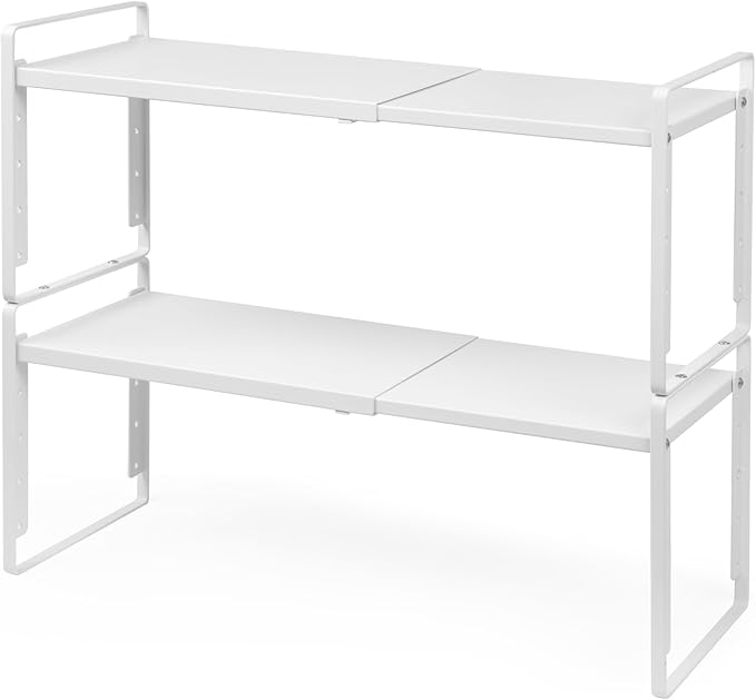 Nxconsu Expandable Cabinet Shelf Organizer Riser, 8.6" 2 Pack White | Heavy-Duty Steel Expandable Shelf Holds 50 lb, 5-Level Stackable Riser for Kitchen Cabinet Cupboard Pantry Counter Under Sink