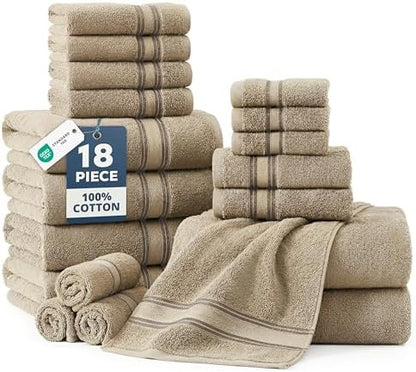 LANE LINEN Bathroom Towel Set 18 Piece Soft Absorbent Quick Dry - Taupe