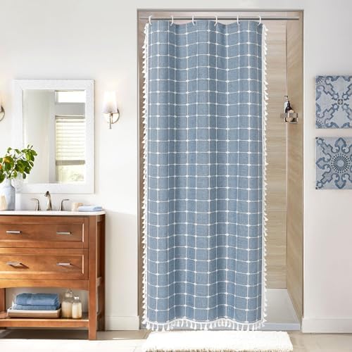 Boho Farmhouse Classic Plaid Linen Tassel Shower Curtain Blue,36x72